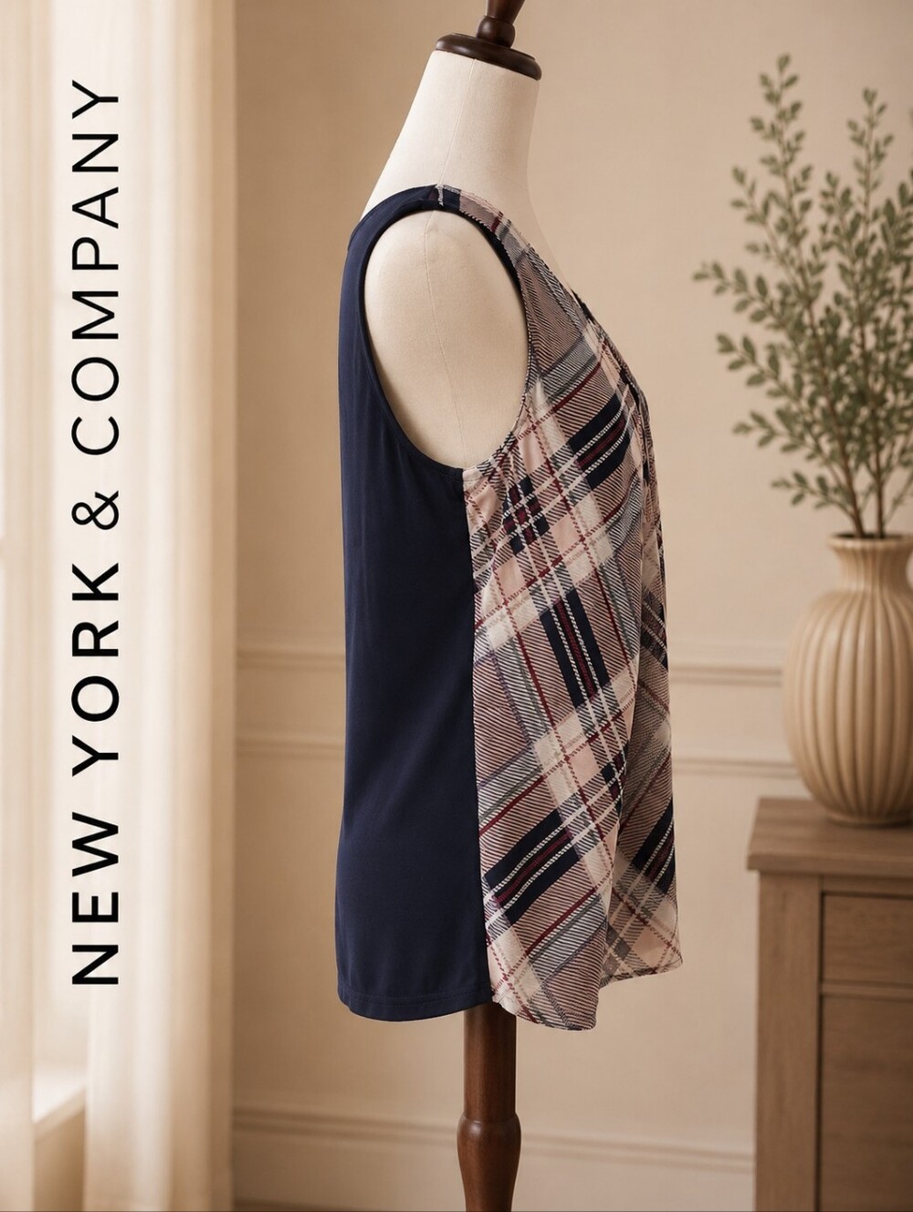 New York and Company, Sleeveless , mixed media plaid blouse -navy-blush - Picture 2 of 3